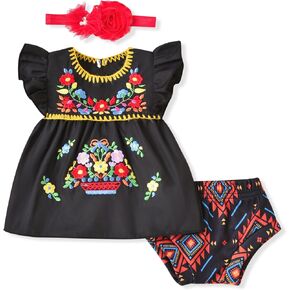 HINTINA Newborn Baby Girl Embroidery Mexican Dress and Shorts Set Ethnic Wear in Kuwait