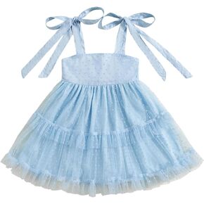 Toddler Baby Girl Summer Boho Dress Solid Color Spaghetti Strap Square Neck Tulle Dress Kids Beach Sundress