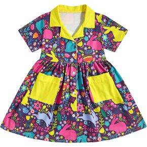 Enlifety 2-6T Toddler Girl Easter Dress Short Sleeve Bunny Floral Dresses with Pockets