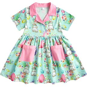 Enlifety 2-6T Toddler Girl Easter Dress Short Sleeve Bunny Floral Dresses with Pockets