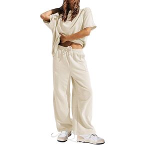 Fixmatti Women 2 Piece Outfit 2024 Summer Short Sleeve Crewneck Sweatshirt Matching Wide Leg Pant Sweatsuit