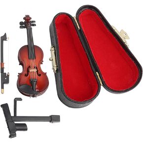 Miniature Violin, Wooden Mini Violin Model Display Musical Ornament Craft Wooden Mini Musical Instrument Model with Support and Case for Home Bookcase Desk Office Decoration Gift, 8x3x0.8cm