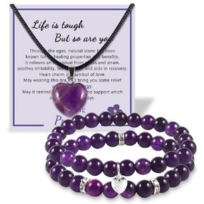 Amethyst Healing Crystal Bead Sets for Women,8MM Healing Prayers Purple Crystal Bracelet & Heart Shaped Pendant Necklace,Natural Stone Anti Anxiety Stress Relief Yoga Chakra Beads,Get Well Soon Gift