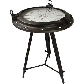 Urban Designs Industrial Porthole Metal Round Clock Coffee & End Table - Brown