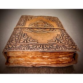 Celtic Trinity Knot Embossed Handmade Leather Bound Refillable Stitched Journal, A5 Sized Vintage Unlined Refillable Deckle Edged Pages, 5 by 7 Inches Unisex Writing Notebook, Gifts for Him/Her