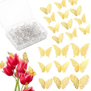 LUTER 100pcs Bouquet Wedding Corsages Pins & 48pcs 3D Gold Butterfly Wall Decor, Flower Diamond Rhinestones Pins Crystal Head Straight Pins Floral Boutonniere Pins for Wedding, Party, Birthday