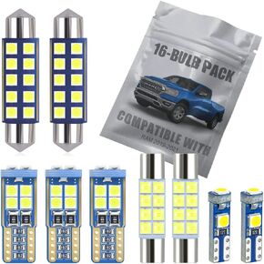 16-pc White LED Interior Light Kit Compatible with 2019 2020 2021 Dodge Ram 1500 2500 3500 Map Dome Vanity Mirror Stepwell License Plate Light Bulb Replacement Super Bright 6000K Package