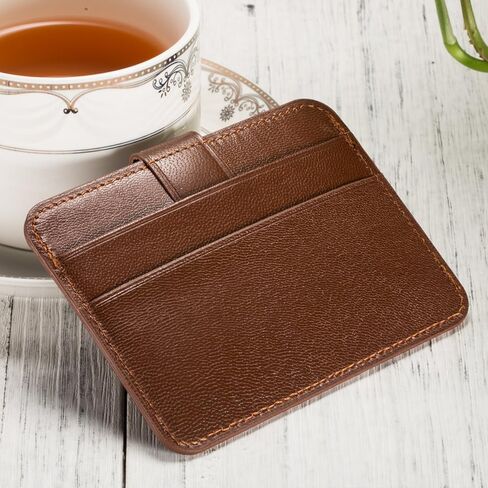 حامل بطاقات جلدية، حافظة بطاقات الهوية من الجلد الطبيعي النحيف من NUOYOU، محافظ صغيرة الحجم وحامل بطاقات الائتمان ومحفظة جيب أمامية (جلد الغنم، أحمر بني) in Kuwait