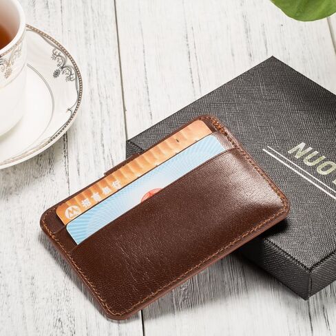 حامل بطاقات جلدية، حافظة بطاقات الهوية من الجلد الطبيعي النحيف من NUOYOU، محافظ صغيرة الحجم وحامل بطاقات الائتمان ومحفظة جيب أمامية (جلد الغنم، أحمر بني) in Kuwait