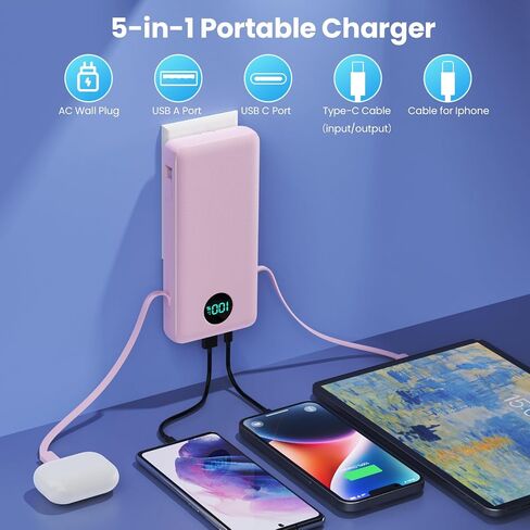 شاحن محمول بقوة 33800 مللي أمبير في الساعة USB C مع كابلات مدمجة ومقبس حائط تيار متردد، شحن سريع 25 وات + شاحن هاتف QC 4.0، 4 مخارج LCD حزمة بطارية متوافقة مع iPhone15/14، سامسونج، أندرويد إلخ in Saudi Arabia