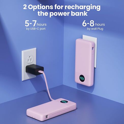 شاحن محمول بقوة 33800 مللي أمبير في الساعة USB C مع كابلات مدمجة ومقبس حائط تيار متردد، شحن سريع 25 وات + شاحن هاتف QC 4.0، 4 مخارج LCD حزمة بطارية متوافقة مع iPhone15/14، سامسونج، أندرويد إلخ in Saudi Arabia