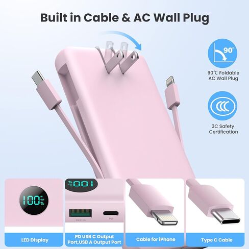 شاحن محمول بقوة 33800 مللي أمبير في الساعة USB C مع كابلات مدمجة ومقبس حائط تيار متردد، شحن سريع 25 وات + شاحن هاتف QC 4.0، 4 مخارج LCD حزمة بطارية متوافقة مع iPhone15/14، سامسونج، أندرويد إلخ in Saudi Arabia