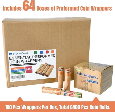 6400 قطعة متنوعة من لفات أغلفة العملات المعدنية شديدة التحمل - الأرباع والبنسات والنيكل والدايمات (إجمالي 6400 قطعة) in Kuwait