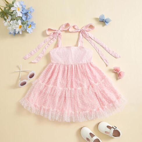 Toddler Baby Girl Summer Boho Dress Solid Color Spaghetti Strap Square Neck Tulle Dress Kids Beach Sundress in Saudi Arabia