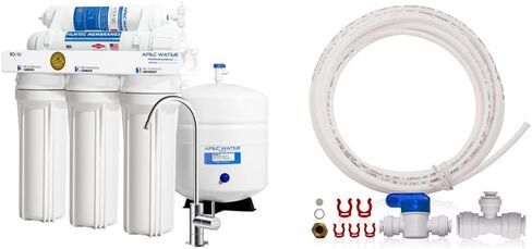 APEC Water Systems RO-90 Ultimate Series Top Tier Supreme Certified High Output 90 GPD، صنبور كروم ومجموعة تركيب صانع الثلج ICEMAKER-KIT-38-14-RO-A، مجموعة من 3 قطع، أبيض in Kuwait