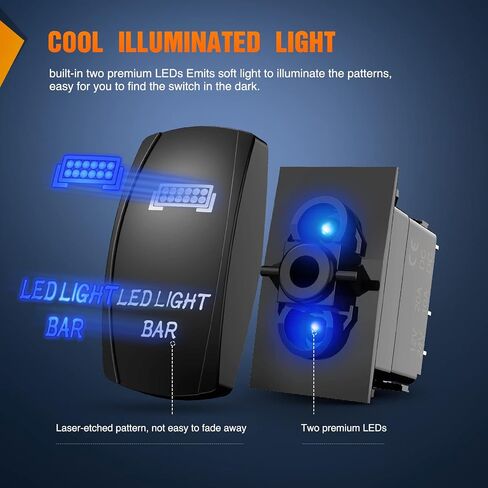 Nilight 2 Pack Rear Lights Rocker Switch Led Light Bar Rocker Switch 5Pin Laser On Off SPST switches 20A/12V 10A/24V Switch Blue with Jumper Wires Set for Cars Trucks RVs,2 Years Warranty in Saudi Arabia
