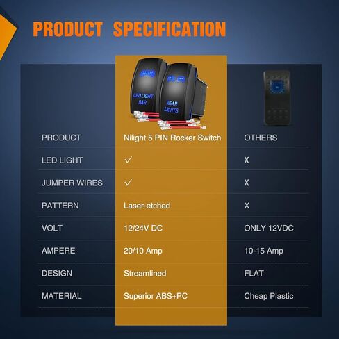 Nilight 2 Pack Rear Lights Rocker Switch Led Light Bar Rocker Switch 5Pin Laser On Off SPST switches 20A/12V 10A/24V Switch Blue with Jumper Wires Set for Cars Trucks RVs,2 Years Warranty in Saudi Arabia