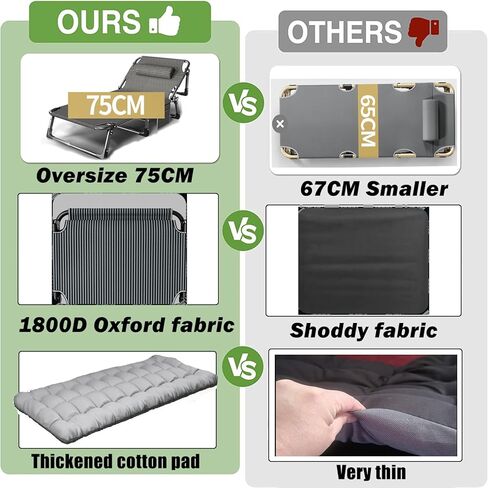 XL Portable Folding Camping Cot, Oversize 29.5in Adjustable 4-Position Adults Reclining Lounge Chairs With Pillow, Outdoor Folding Lounge Chair Sleeping Cots Bed, Perfect for Camping, Pool, Beach in Kuwait