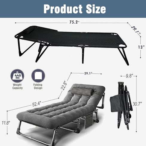 XL Portable Folding Camping Cot, Oversize 29.5in Adjustable 4-Position Adults Reclining Lounge Chairs With Pillow, Outdoor Folding Lounge Chair Sleeping Cots Bed, Perfect for Camping, Pool, Beach in Kuwait