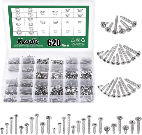 Keadic 620 Pcs 304 Stainless Steel #6#8#10 Self Tapping Screws Assortment Set Contains Round Head & Philips Flat Head & Wafer Head Self Drilling Screw Sheet Metal Screws in Saudi Arabia