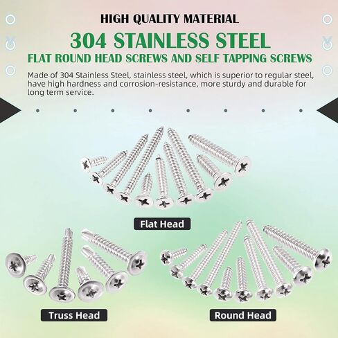 Keadic 620 Pcs 304 Stainless Steel #6#8#10 Self Tapping Screws Assortment Set Contains Round Head & Philips Flat Head & Wafer Head Self Drilling Screw Sheet Metal Screws in Saudi Arabia
