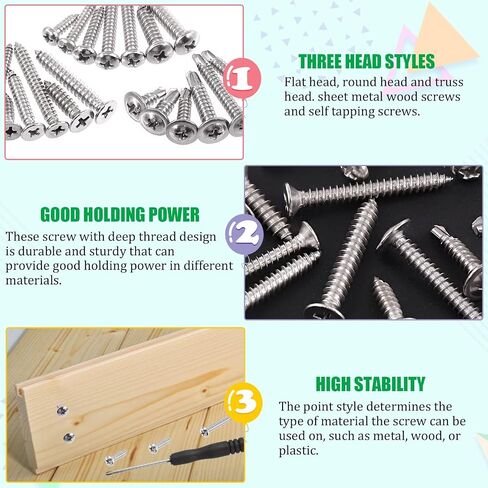Keadic 620 Pcs 304 Stainless Steel #6#8#10 Self Tapping Screws Assortment Set Contains Round Head & Philips Flat Head & Wafer Head Self Drilling Screw Sheet Metal Screws in Saudi Arabia