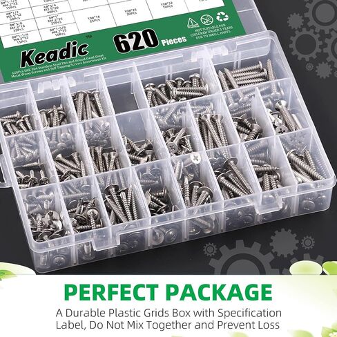 Keadic 620 Pcs 304 Stainless Steel #6#8#10 Self Tapping Screws Assortment Set Contains Round Head & Philips Flat Head & Wafer Head Self Drilling Screw Sheet Metal Screws in Saudi Arabia
