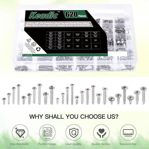 Keadic 620 Pcs 304 Stainless Steel #6#8#10 Self Tapping Screws Assortment Set Contains Round Head & Philips Flat Head & Wafer Head Self Drilling Screw Sheet Metal Screws in Saudi Arabia