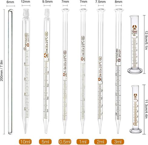 ماصات زجاجية، ZEEROQOLAB 6 قطع ماصات مختبرية زجاجية متدرجة 0.5 مل، 1 مل، 2 مل، 3 مل، 5 مل، 10 مل، مع قطعتين من أسطوانة زجاجية متدرجة 5 مل، 10 مل، قطعتين فرشاة قطارة وقطعتين من عصي التقليب الزجاجية in Kuwait