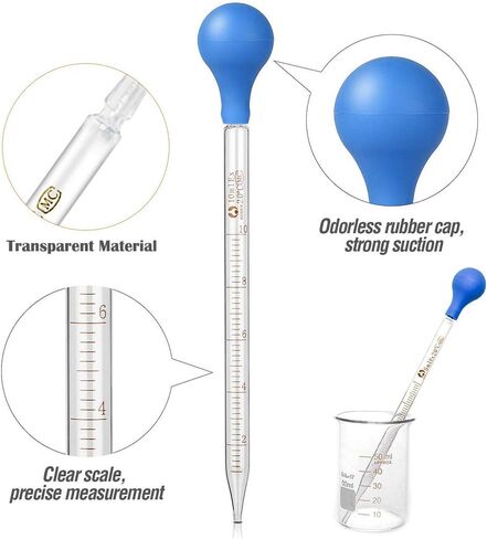 ماصات زجاجية، ZEEROQOLAB 6 قطع ماصات مختبرية زجاجية متدرجة 0.5 مل، 1 مل، 2 مل، 3 مل، 5 مل، 10 مل، مع قطعتين من أسطوانة زجاجية متدرجة 5 مل، 10 مل، قطعتين فرشاة قطارة وقطعتين من عصي التقليب الزجاجية in Kuwait
