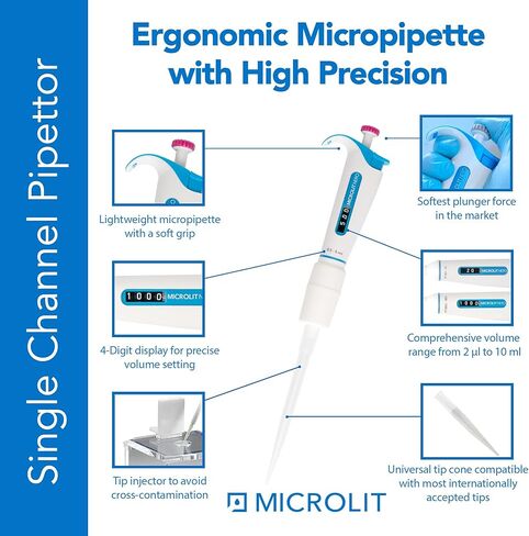 Nero Ergonomic Micropipette, Single Channel Pipettors with Adjustable Volume, Accurate and Calibrated Lab Pipettes, Fully Autoclavable Pipettor, (1-10ml) in Kuwait