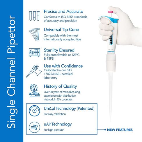 Nero Ergonomic Micropipette, Single Channel Pipettors with Adjustable Volume, Accurate and Calibrated Lab Pipettes, Fully Autoclavable Pipettor, (1-10ml) in Kuwait