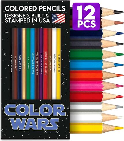 Punlabs Color Wars مجموعة قلم رصاص ملونة وصفحات تلوين للجماهير-12 أقلام محاكاة ساخرة مستوحاة من حرب النجوم بأسماء ذكية ختمها-5 صفحات تلوين ذات طابع حروب الألوان in Kuwait