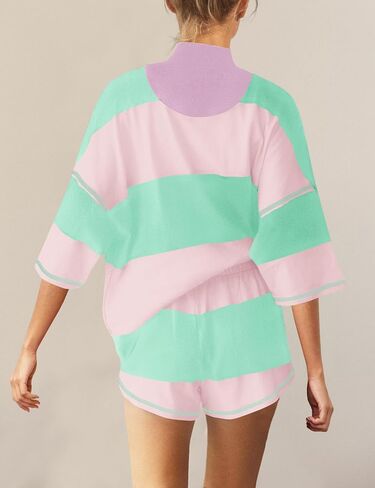 Panadila Women Striped Workout Set Two Piece Outfit Tracksuit Oversized Lounge Set Top and Shorts Sets with Pockets in Saudi Arabia