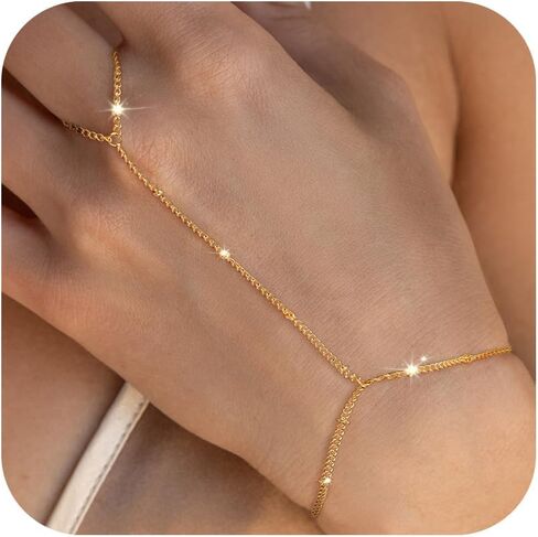 Gold Hand Chain Bracelets for Women, 14K Gold Plated Hand Chain Dainty Finger Ring Bracelet Gold Jewelry Gifts Trendy in Saudi Arabia