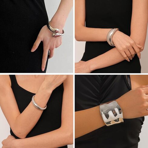 4 Pcs Women Gold Silver Cuff Bracelet Hinged Design Bracelet Trendy Chunky Cuff Bangle Thick Gold Silver Bracelets for Women in Kuwait