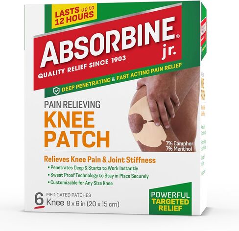 Absorbine Jr. Knee Pain Relief Patches, Fast Acting Pain Patch with Menthol for Knee Pain, Muscle Cramps and Joint Pain, 12 Hours of Long Lasting Relief with Sweat Proof Technology, 6 Count in Kuwait