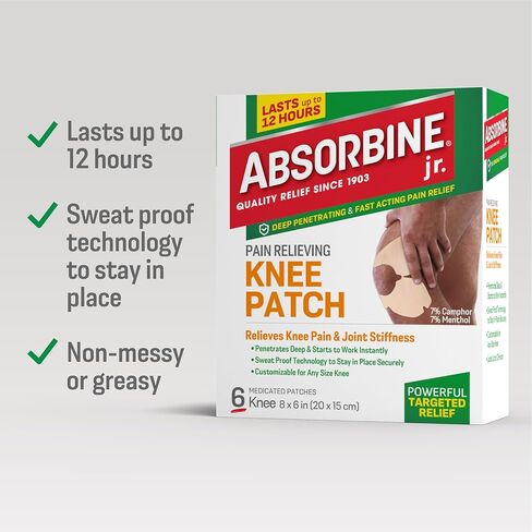 Absorbine Jr. Knee Pain Relief Patches, Fast Acting Pain Patch with Menthol for Knee Pain, Muscle Cramps and Joint Pain, 12 Hours of Long Lasting Relief with Sweat Proof Technology, 6 Count in Kuwait