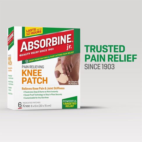 Absorbine Jr. Knee Pain Relief Patches, Fast Acting Pain Patch with Menthol for Knee Pain, Muscle Cramps and Joint Pain, 12 Hours of Long Lasting Relief with Sweat Proof Technology, 6 Count in Kuwait