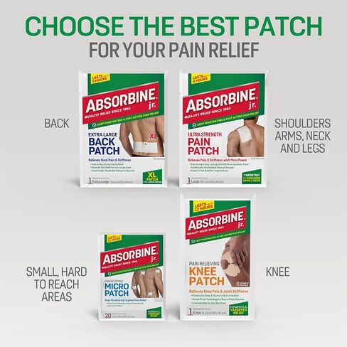 Absorbine Jr. Knee Pain Relief Patches, Fast Acting Pain Patch with Menthol for Knee Pain, Muscle Cramps and Joint Pain, 12 Hours of Long Lasting Relief with Sweat Proof Technology, 6 Count in Kuwait