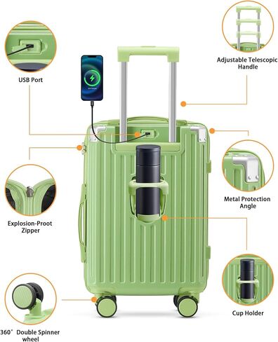 20in carry on luggage with 360° Spinner Wheel airline approved TSA lock luggage case with Cup Holder USB Port travel suitcases with wheels lightweight PC Material (Blue) in Saudi Arabia