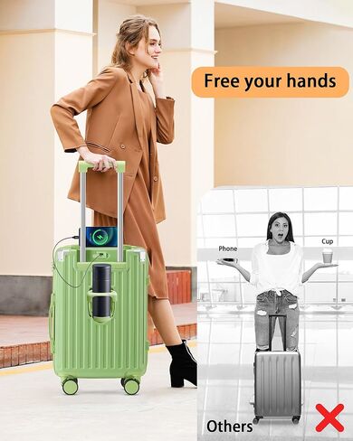 20in carry on luggage with 360° Spinner Wheel airline approved TSA lock luggage case with Cup Holder USB Port travel suitcases with wheels lightweight PC Material (Blue) in Saudi Arabia