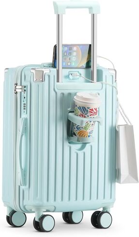 20in carry on luggage with 360° Spinner Wheel airline approved TSA lock luggage case with Cup Holder USB Port travel suitcases with wheels lightweight PC Material (Blue) in Saudi Arabia