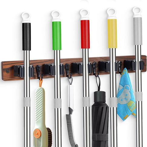 Broom Holder Wall Mount With 5 Slots & 4 Hooks，Rustic Wood Broom & Mop Hanger，Wall Mounted Garden & Garage Tool Storage Organizer Rack for Closet Laundry Room or Kitchen Wall Decor in Saudi Arabia
