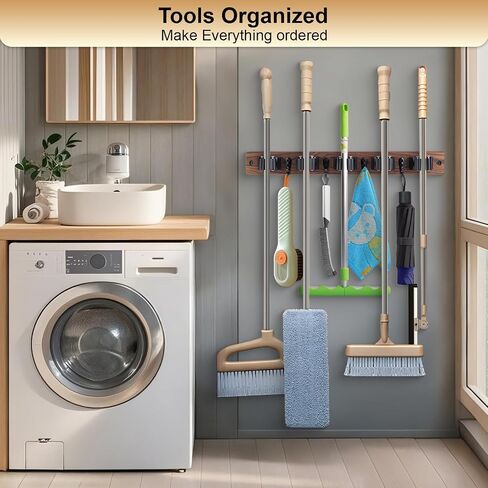 Broom Holder Wall Mount With 5 Slots & 4 Hooks，Rustic Wood Broom & Mop Hanger，Wall Mounted Garden & Garage Tool Storage Organizer Rack for Closet Laundry Room or Kitchen Wall Decor in Saudi Arabia