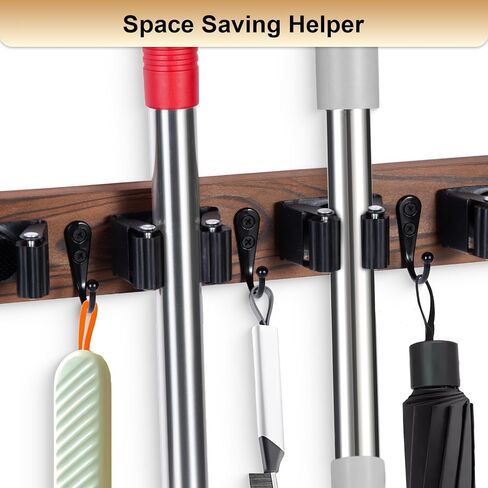 Broom Holder Wall Mount With 5 Slots & 4 Hooks，Rustic Wood Broom & Mop Hanger，Wall Mounted Garden & Garage Tool Storage Organizer Rack for Closet Laundry Room or Kitchen Wall Decor in Saudi Arabia