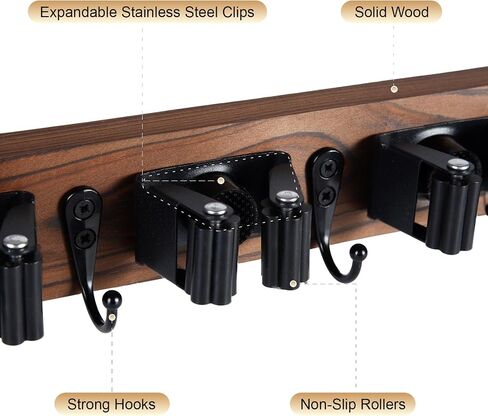Broom Holder Wall Mount With 5 Slots & 4 Hooks，Rustic Wood Broom & Mop Hanger，Wall Mounted Garden & Garage Tool Storage Organizer Rack for Closet Laundry Room or Kitchen Wall Decor in Saudi Arabia