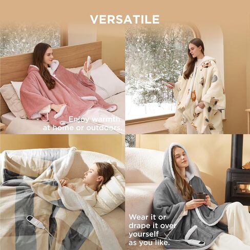Bedsure Heated Blanket Wearable Shawl - Electric Wrap Poncho Blanket Hoodie for Adult, Birthday Gifts for Mom Women, Sherpa Heating Throw with 4 Time Settings & 6 Heat Settings, 50x64 inches, Grey in Saudi Arabia