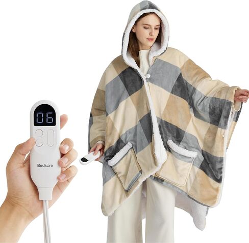 Bedsure Heated Blanket Wearable Shawl - Electric Wrap Poncho Blanket Hoodie for Adult, Birthday Gifts for Mom Women, Sherpa Heating Throw with 4 Time Settings & 6 Heat Settings, 50x64 inches, Grey in Saudi Arabia