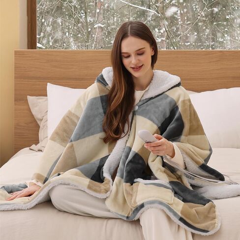 Bedsure Heated Blanket Wearable Shawl - Electric Wrap Poncho Blanket Hoodie for Adult, Birthday Gifts for Mom Women, Sherpa Heating Throw with 4 Time Settings & 6 Heat Settings, 50x64 inches, Grey in Saudi Arabia